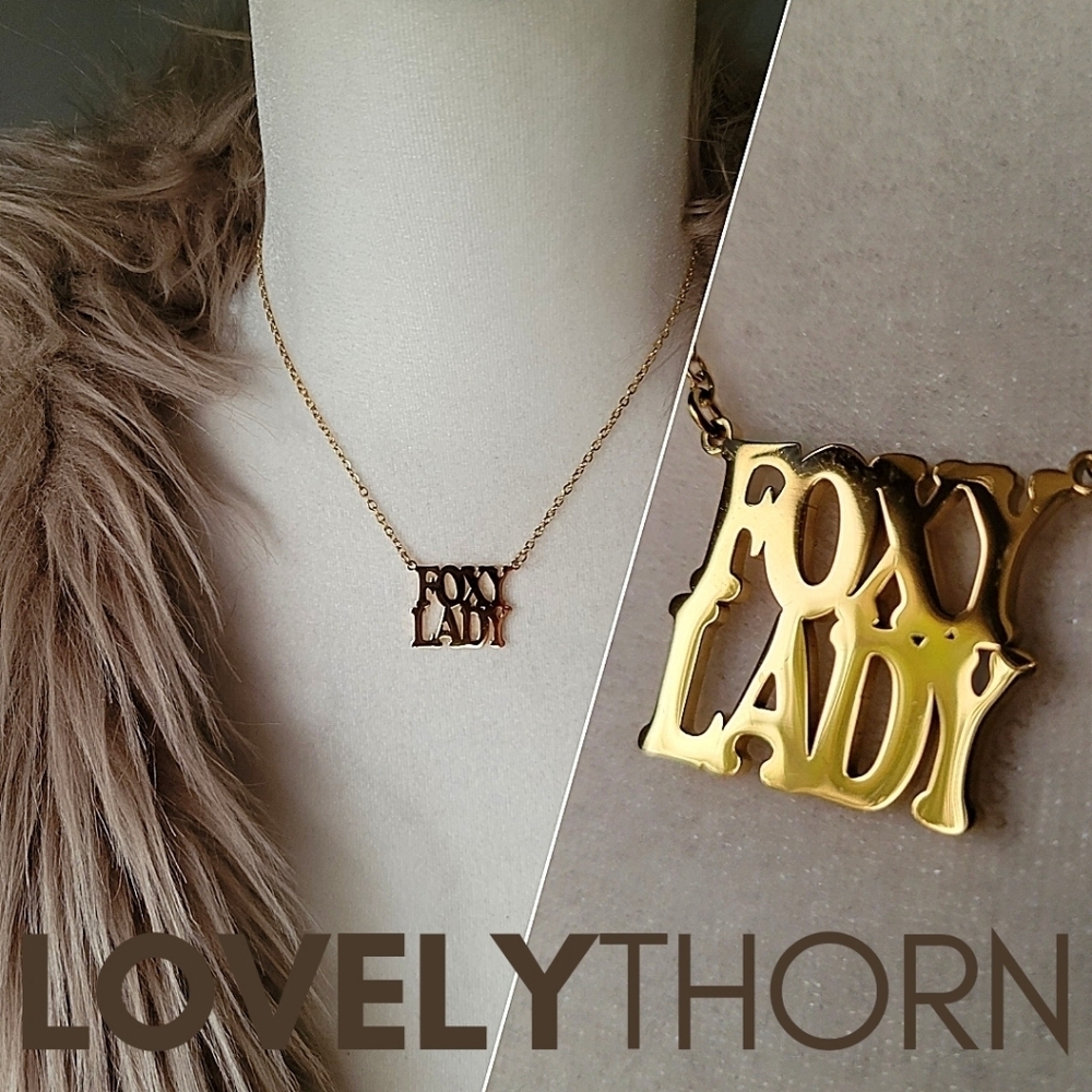 LOVELYTHORN // custom foxy lady 18K gold-plated 16" stainless steel nameplate